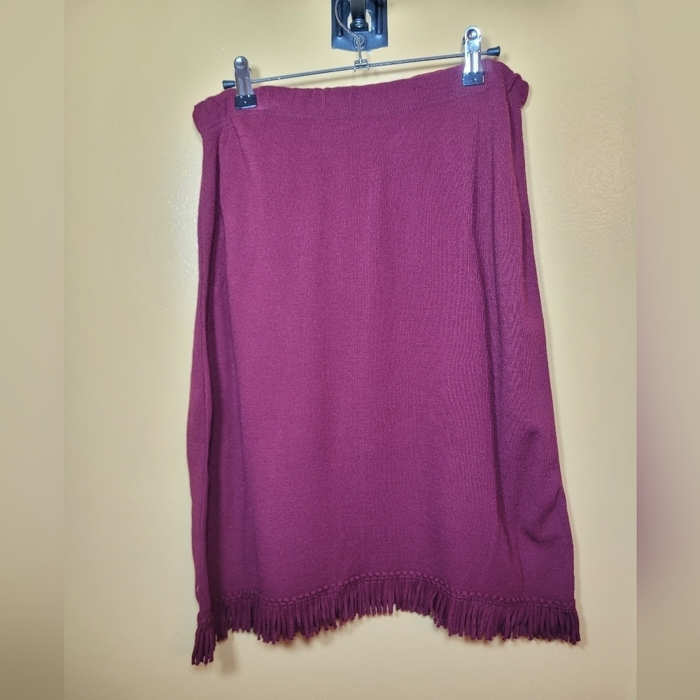 Nina Leonard Burgundy Fringe Midi Skirt Tassels sz L